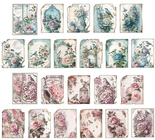 60 Pezzi Carta Vintage Aesthetic per Scrapbooking, Materiale Carta Decorativa, Per Album Diario Bullet Journal DIY(20 Tipi di Immagini,3 di Ciascuno) Tema di Fiori e Uccelli Ciano, Rosa