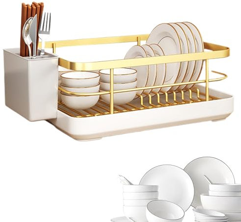 Escurridor de platos de acero al carbono que ahorra espacio, escurridor de platos dorado con bandeja de goteo de PP, escurridor de platos con soporte para cubiertos, escurridores de platos extraíbles