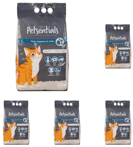 Petsentials Super Clumping Cat Kitten Litter, Ultra Absorbent Natural Cat Litter with Active Carbon (10L) White (Pack of 5)