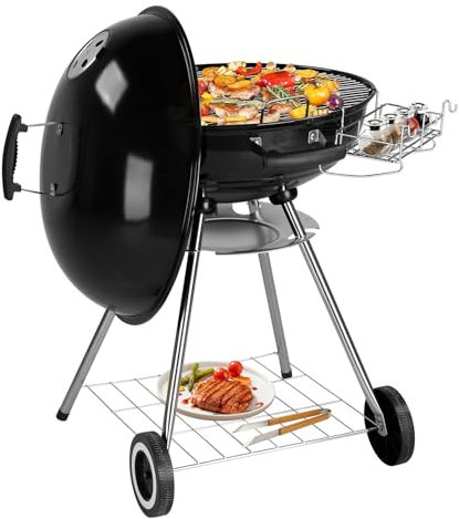 22 Zoll tragbarer Holzkohlegrill mit Rädern zum Kochen im Freien, Grillen, Camping, BBQ, Kohle-Kesselgrill mit Grillschale, Rädern für Terrasse und Hinterhof