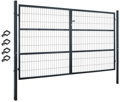 V2Aox Gartentor Tor Gartenzaun Zaun 300x160 cm Doppelflügelig Gartentür aus Metall für Stabmattenzaun Abschließbar inkl. Pfosten Grau