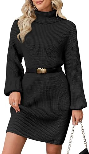 ZLIGXEA 2024 Damen Elegant Herbst Winterkleid Tunika Umstandskleid - Trendy Lantern Sleeves, Ribbed Knit, Figure-Hugging Schwarz M