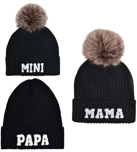 Kunyeah 3Pcs Eltern-Kind Beanie Hut Mama Papa Baby Matching Hüte Winter warme Mütze mit Bommel Frauen Männer gestrickte Mütze (DE/NL/SE/PL, Alphanumerisch, Einheitsgröße, Schwarz)