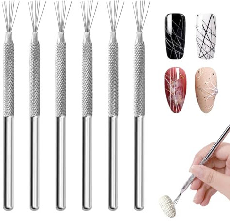 GUTERTOP 6 Stück 7-Stift Fineliner Pinsel Nailart, Nail Art Brush für Gelnägel Ultradünne Linie Nagelbürste Nagellack Stift Nageldesign Zubehör, 7-Nadel Rostfreier Nagelpinsel Art Dotting Tool