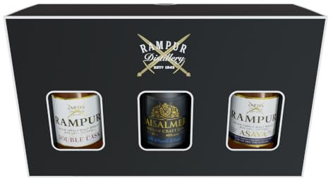 Rampur Miniatur-Geschenkset mit Double Cask Whisky/Jaisalmer Gin/Asava Whisky (50 ml x 3) | Mini-Set mit 3 Fläschchen