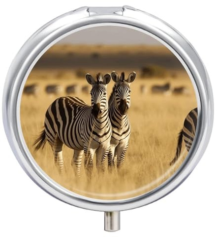 Pillendose mit Zebras im Gras der Savanne, Reise-Pillenbehälter, Mini-Reise-Medikamententablette, Vitaminhalter, Organizer, Medizin, Lebertran, Öl