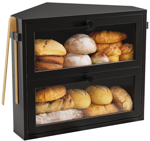 WOWLIVE Corner Bread Box for Kitchen Countertop, Large Double Layer Bread Storage Container for Homemade Bread, Black Bread Holder for Kitchen Counter, Under Cabinet Organizer (Black, Medium)