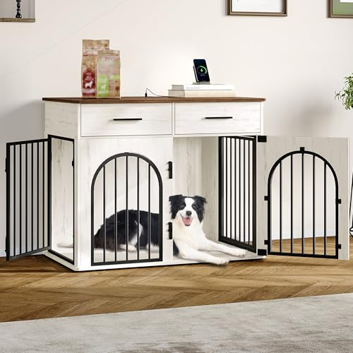 Hzuaneri 100 cm Hundekäfig Möbel mit 2 Schubladen, Weiß Braun | Indoor Hundebox mit Ladestation, Hundebox Holz Beistelltisch, Hochbelastbarer Hundekäfig für Große Hunde, DFC87214B