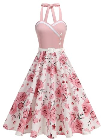 EFOGEP Robe vintage pour femmes à bretelles spaghetti Rockabilly Swing années 50 Style Pinup Hepburn Col halter à pois Robes trapèze Imprimé floral Cocktail Party Robe de soirée formelle, S