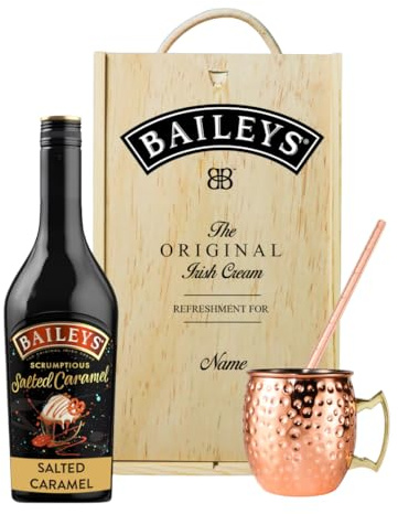 Personalised Baileys Salted Caramel Irish Cream Liqueur Gift Set – 50cl Bottle with Rose Gold Copper Mug & Straw | Custom Wooden Presentation Box | Luxury Cream Liqueur Gift