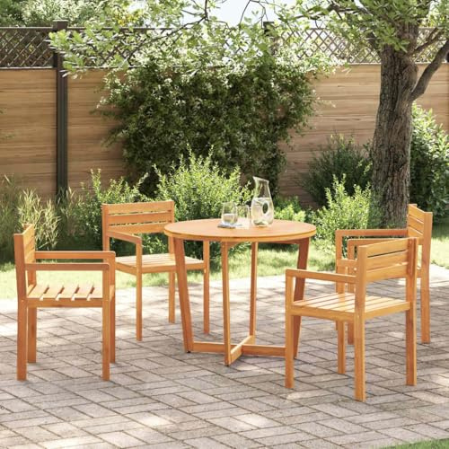Tonture 5-teiliges Garten-ESS-Set aus Massivholz Akazie, Ø90cm Runder Tisch mit 4 Stühlen, Geöltes Holz für Terrasse Balkon, Witterungsbeständiges Outdoor-Möbelset