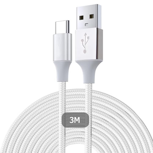 Extra-Long USB to USB C Cable 3m 3A Fast Charging USB-A to USB-C Lead | Nylon Braided Type C Cable 3.1A, for i Phone 17/16/15 Pro Max Sam sung S23/S22 Android, White
