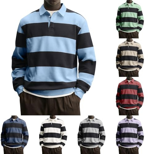 Langärmeliges Poloshirt für Herren, gestreift, langärmelig, Übergröße | Herren-Langarm-Shirt, Knopfleiste, lässig, langärmelig, Basic-T-Shirt, lässig, Smarts, Golf-Bluse, Business, Herren-T-Shirts