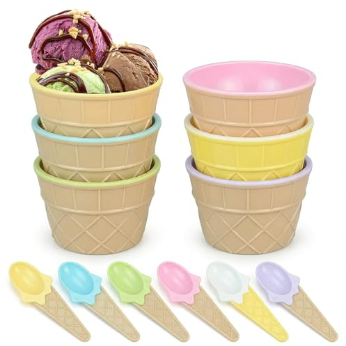YancLife Set of 6 Ice Cream Dessert Bowls with Matching Spoons, Reusable Waffle Cup Style Sundae Bowls, Multi-Colored Tableware for Family Parties, BBQs, Picnics, Fruit Salad, Snacks (Style 2)