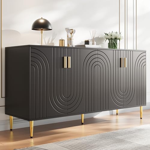Coolfish Kitchen Storage Cabinet, Sideboard for Living Room Furniture, Modern Style Kitchen Cupboard with 2 Doors, Dining Room Side Board Storage Unit 152 x 40 x 75 cm Black