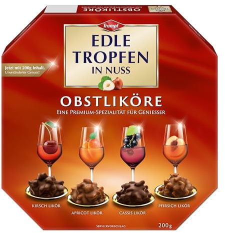 Edle Tropfen in Nuss Obstliköre 200g, flüssig gefüllte Schokoladenpralinen | mit Milchschokoladen-Überzug und knackigen Haselnuss-Splittern