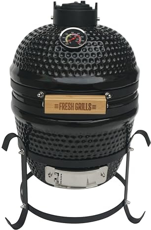 Kamado Grill 34cm Portabler Keramik-Holzkohle-Mini-Grill & Räucherofen mit Stahlständer Schwarz Tragbarer Gartengrill Räuchergrill Backen und Grillen 10–400°C, Thermometer Zubehörset Regenschutz