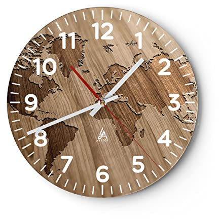 Modern Wanduhr Geographie Globus Karte 30x30cm Rund Klein Wand Uhr Glas Analog Zimmeruhren Küche Büro Wohnzimmer Glasuhr Wall Clock Dekoration Design Wanddekoration Küchenuhr C4AR30x30-3042