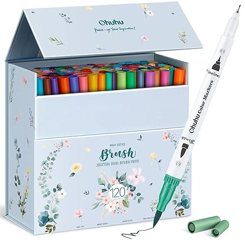 Ohuhu Feutre Coloriage Adulte, 120 Couleurs Aquarelle Stylos Feutres Double Pointe Fine et Pinceau pour Calligraphie Mandala Dessin Colorant, Maui – Boîte Blanche