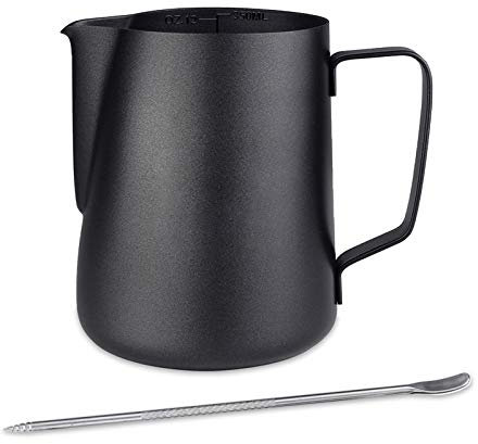 Emsmil 350ml Edelstahl Milchkännchen Kit Milchaufschäumer Kännchen mit Messung Mark und Latte Art Stift Schwarz Milchkanne Barista Aufschäumkännchen Sahnekännchen für Cappuccino Espresso