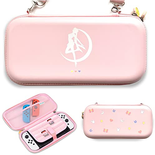 BelugaDesign Moon Switch Tragetasche | Pastellfarbene Hartschalen-Reiseschale Kompatibel mit Nintendo Switch Standard Lite OLED | Niedliches Mond-Silhouette-Herz-Magie-Bogen-Design (Rosa)