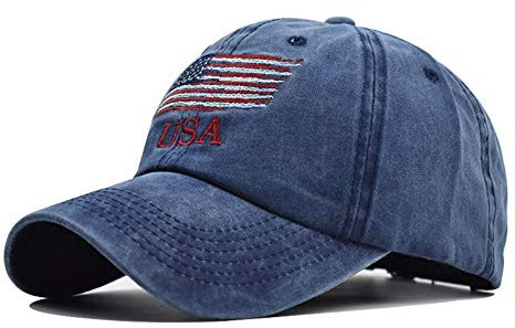 American Flag Hats Vintage Washed Distressed Cotton Dad Hat Baseball Cap Adjustable Trucker Unisex Style Headwear - Blue - Large