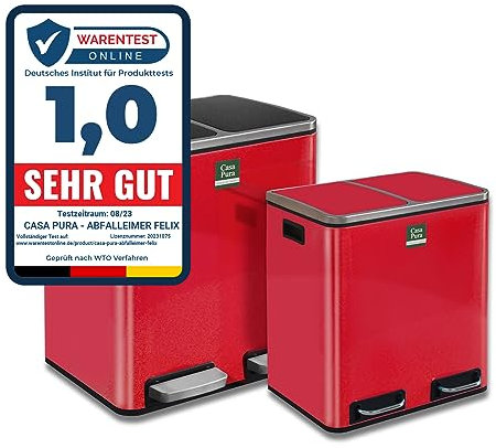 Floordirekt Mülleimer Felix - Abfalleimer mit Schließdämpfer - optimale Mülltrennung - herausnehmbare Behälter mit Henkel (2 x 30 Liter, Rot)