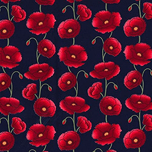 100% Cotton Poplin Fabric Rose & Hubble Penkridge Poppy Flowers Floral Poppies - Navy (Price Per Metre)