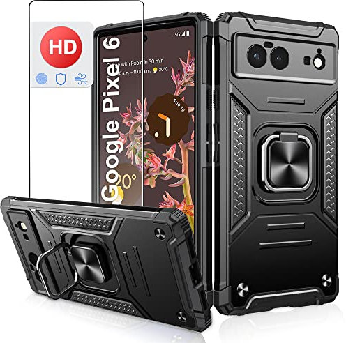 Jshru Designed for Pixel 6 Case with Screen Protector,Military-Grade Drop Protection,Protective Case for Women & Men,with Ring Kickstand,Shockproof Bumper Case for Google Pixel 6,Black