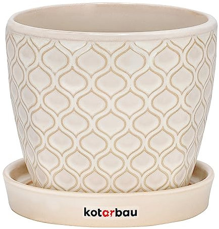 KOTARBAU® - Vaso da fiori in ceramica per piante, diametro 12 cm, vintage, con vaschetta antigoccia, motivo squame di pesce, colore crema