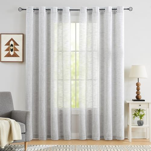 Treatmentex Leinen Gardinen mit Ösen 136cm Breite Slub-Textur Halbtransparent Ösenvorhang Gardinen Grau Leinenoptik Lichtdurchlässig Vorhänge für Schlafzimmer Bauernhaus Wohnzimmer-2 Stücke,136x225CM
