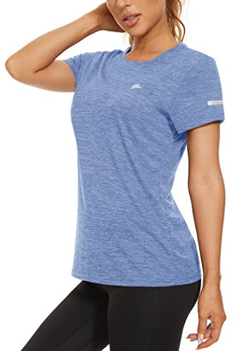 KEFITEVD Sportshirt Damen Kurzarm Locker Golf Tshirt Outdoor Frauen Freizeitshirt Stretch Atmungsaktiv Sommerhemd Fitness Funktions Shirt Wandern Meliert Hellblau M