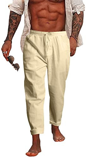 NANAMEEI Leinenhose Herren Lang Leicht Stretch Sommer Strandhose Baumwolle Yoga Beige L