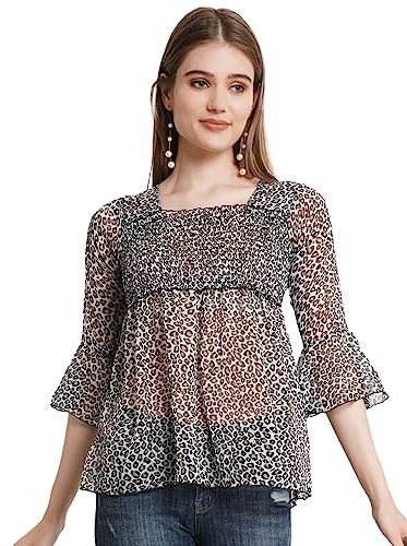 POPWINGS Damblus chiffong tryckt 3/4 ärm fyrkantig urringning sommar elegant västerländsk blus, BRUN, L