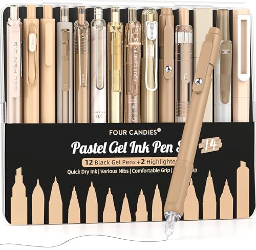 Four Candies Gel-Tintenstift-Set, 14-teiliges Stift-Set mit Etui, niedliche Notizen, 0,5 mm feine Spitze, einziehbar, 12 schwarze Tintenstifte mit 2 Textmarkern (Braun)