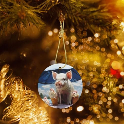 Weihnachtsschmuck, runde Keramik-Ornamente, Schweine, die Eis essen, bedruckt, Weihnachtsbaum, Keramik, hängende Ornament für Weihnachten, Urlaub, Party-Dekorationen