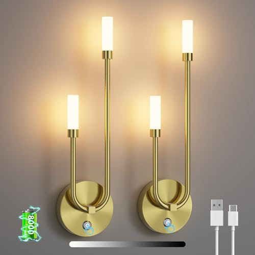 Aipsun 2 Stück LED Wandleuchte Innen Gold, 8000mAh, 8W akku wandleuchte innen ohne stromanschluss dimmbar, 550LM 3000K Touch, für Schminktisch,Treppe,Schlafzimmer,Wohnzimmer kabellose wandleuchten