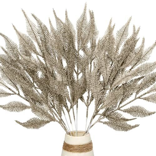 12 Pieces Artificial Christmas Glitter Leaves Branches, 39cm Sparkly Fake Leaf Sprays Christmas Tree Feathers Decoration for Christmas Tree Picks Ornament Arrangements DIY Crafts Wreaths (Champagne)