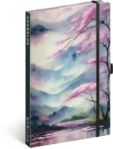 NOTIQUE Notizbuch Liniert mit Gummiband 13x21cm ca. A5, Designer Hardcover Notebook, Notizblock, Notizheft, Journal, Tagebuch für Erwachsene, Damen (Sakura)