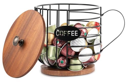 Hniuyun Large-Capacity Coffee Pod & Capsule Organizer - Black Metal Wire Basket with Wooden Base for Kitchen Counter, Office & Coffee Bar Storage