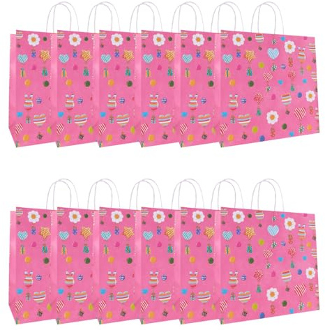 Idena 30543-12 - Geschenktüten Geburtstag, 12 Stück, Geschenktaschen in der Größe 28 x 28 x 15 cm, Papiertüten in Pink mit bunten Luftballons