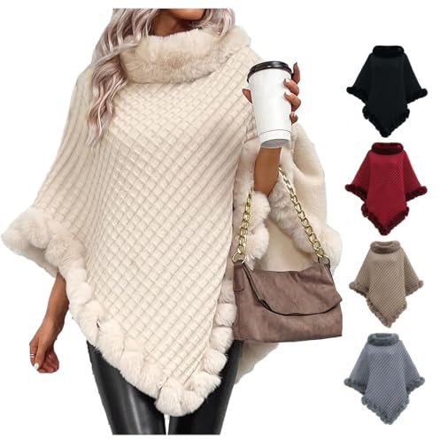 MAOAEAD Poncho mit Kunstfellbesatz, eleganter Cape-Mantel mit Kunstfellkragen und Besatz, Winter, warm, gestrickt, Stola, Schal für Damen