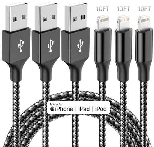 Cargador para iPhone, paquete de 3 cables de carga rápida para iPhone de 10 pies, cable Lightning certificado por Apple MFi, de nailon, trenzado, compatible con iPhone 14, 13, 12, 11, Pro Max, XR, XS,