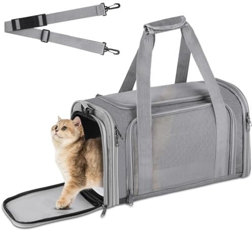 vsshe Transportín Perro Gato, Bolsa de Transporte Transpirable Gato Plegable, Aprobado por Aerolíneas, para Pequeños Medianos Gatos Cachorros Gatitos, para en Tren, Coche y Avión, Gris（40x25cm）
