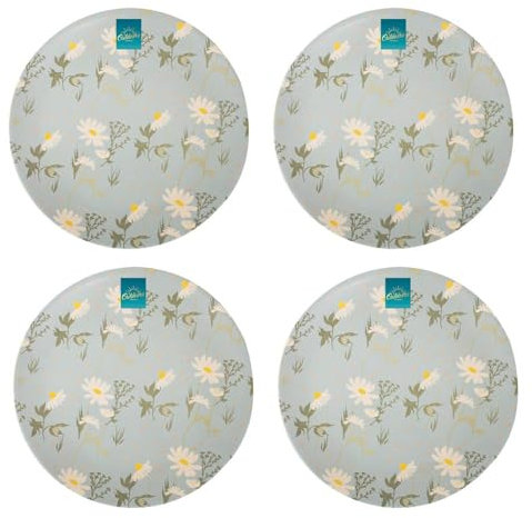 YöL Set of 4 Daisy Print Melamine Dinner Plates Summer Dining Outdoor Picnic BBQ Blue Floral Trendy Tableware Reusable