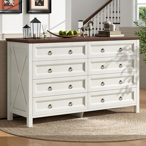 Merax Kommode, Aufbewahrungsschrank mit 8 Schubladen, Moderne Anrichte Esszimmerschrank mit Arbeitsplatte, Sideboard im Vintage-Stil, für Wohnzimmer, Schlafzimmer, Büro, Dokumente Kleinigkeiten, Beige