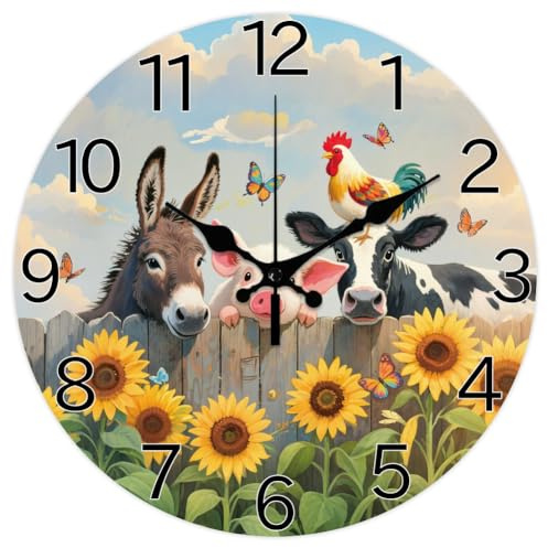 CHGCRAFT Bauernhof Muster Wanduhr 12 Zoll Nicht Tickende Uhren Kühe und Schweine Runde Wanduhr zum Aufhängen Batteriebetrieben für Schlafzimmer Wohnzimmer Küche Büro