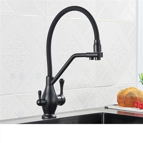 Rubinetto da cucina 2 in 1 con filtro in ottone nero a doppia uscita, rubinetto girevole con finitura nera opaca, elegante soluzione idrica per casa e cucina