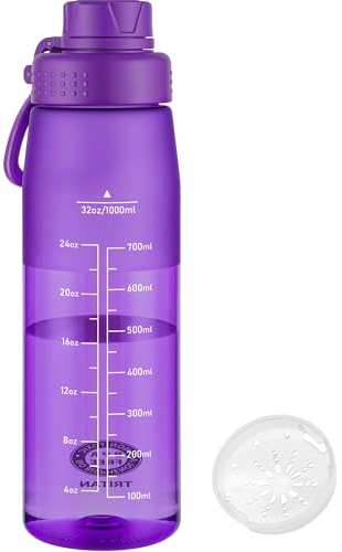 GOPPUS 1L/32oz Clear Tritan Water Bottle with Screw Lid, Drinks Bottle with Wide Mouth, Fruit Infuser, Leakproof, BPA Free, Carry Handle, Measurement Markings, Dust Cap (Purple)