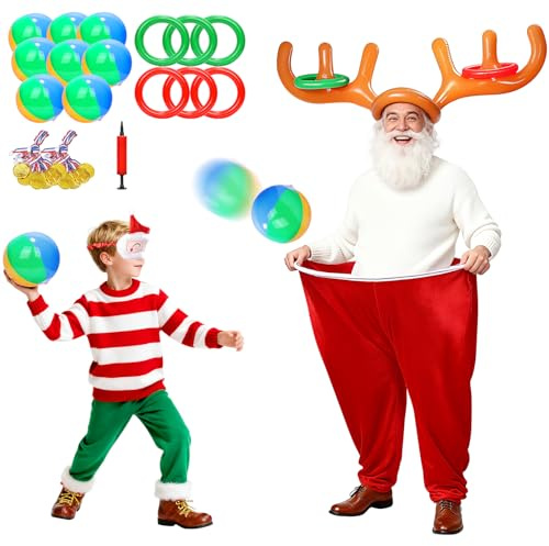 Jeux de fête de Noël avec de Grands Pantalons pour Enfants et Adultes, Jeu de Noël pour fête de Famille, Jeu de Lancer de Anneaux sur Bois de Renne Gonflable, Jeux de Pantalons de Père Noël